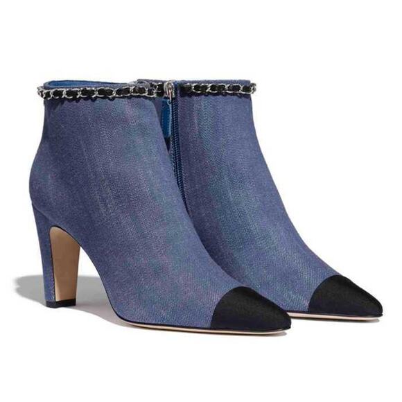 Chanel 20C Blue Denim Fabric Black Chain CC Logo Short Ankle Heel Boot Bootie 39 - Picture 3 of 11